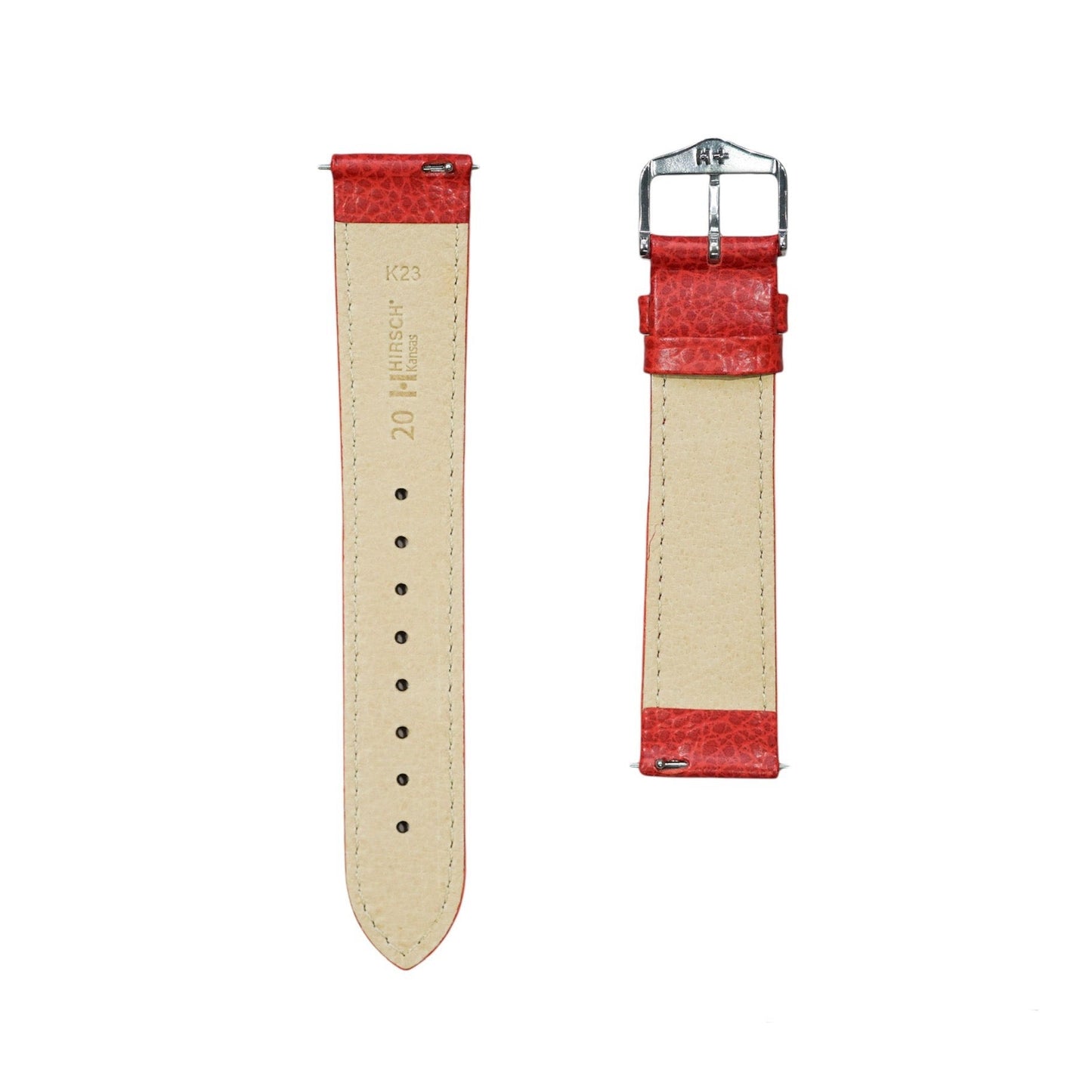 Hirsch KANSAS Buffalo Embossed Calf Leather Watch Strap in Red/White stitching
