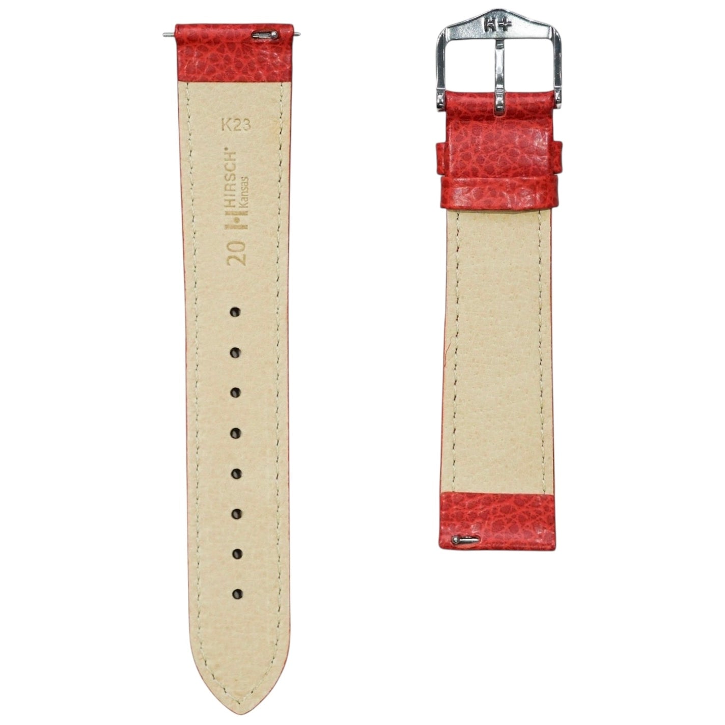 Hirsch KANSAS Buffalo Embossed Calf Leather Watch Strap in Red/White stitching